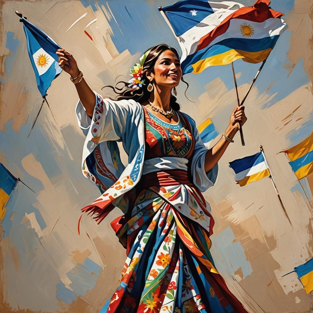 Latina Woman Waves Argentine Flag in Folk Art Style