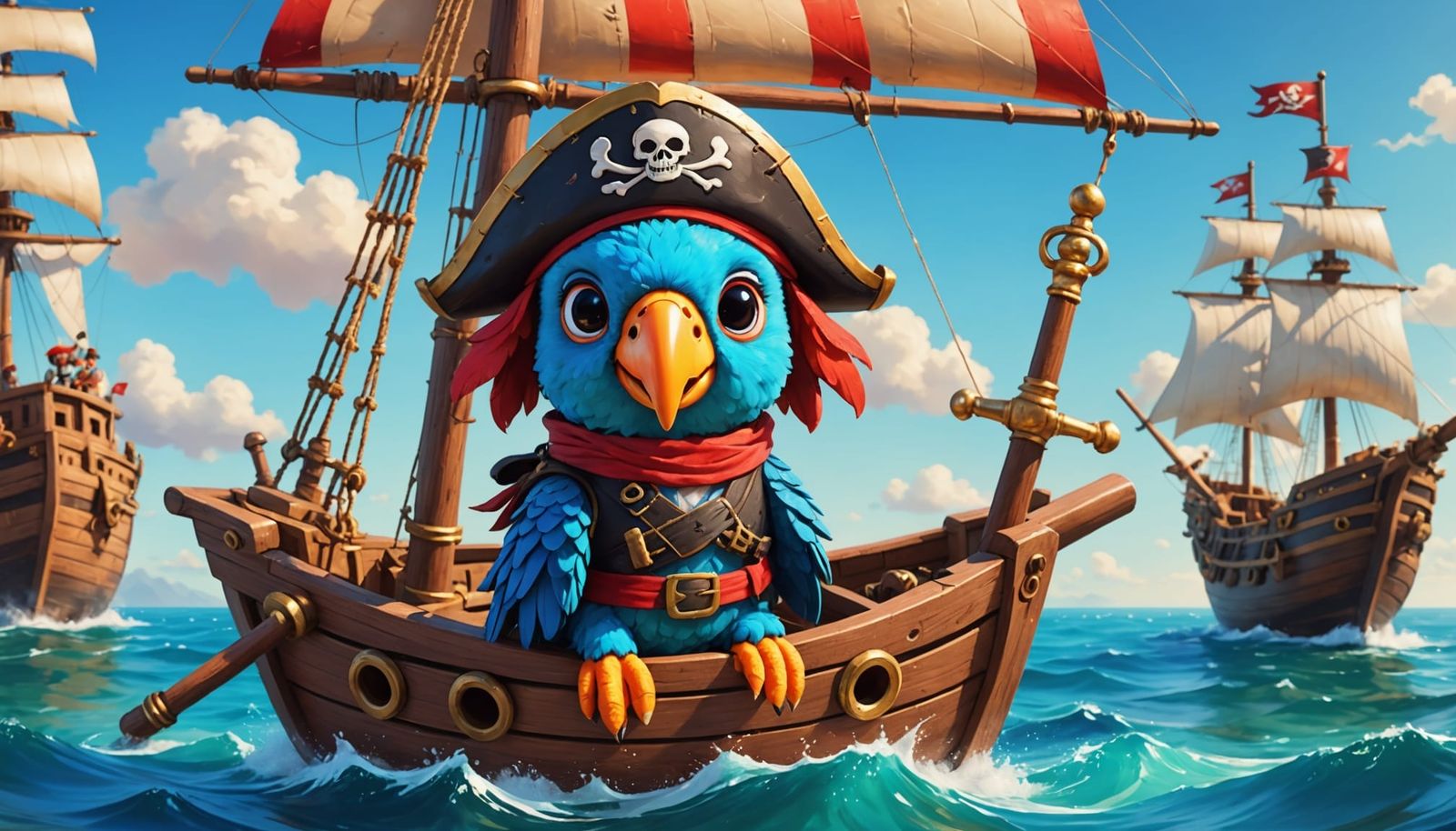 Chibi Pirate Parrot on Cardboard Ship