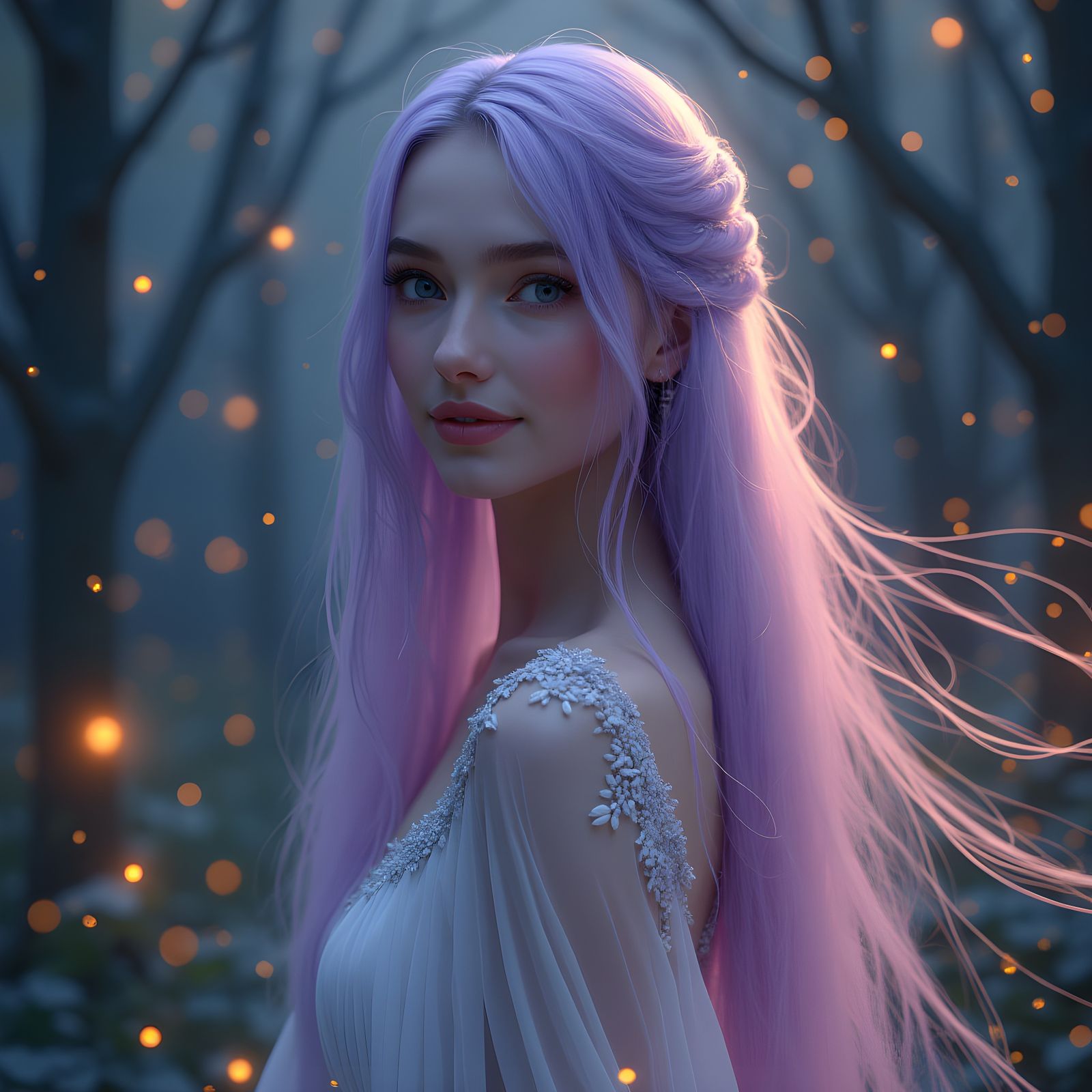 Ethereal Woman with Lilac Hair in Fantasy Forest