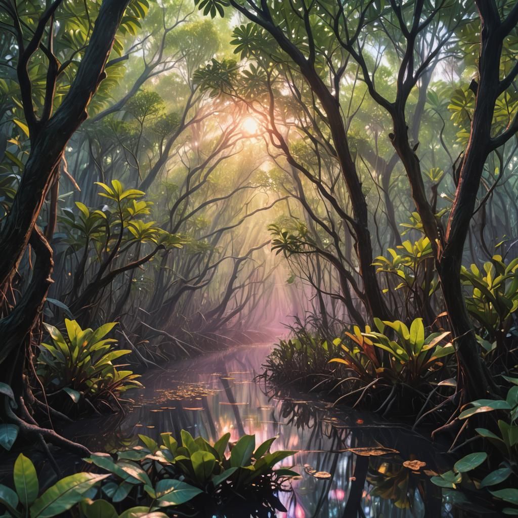 Psychedelic Mangrove Forest with Iridescent Foliage