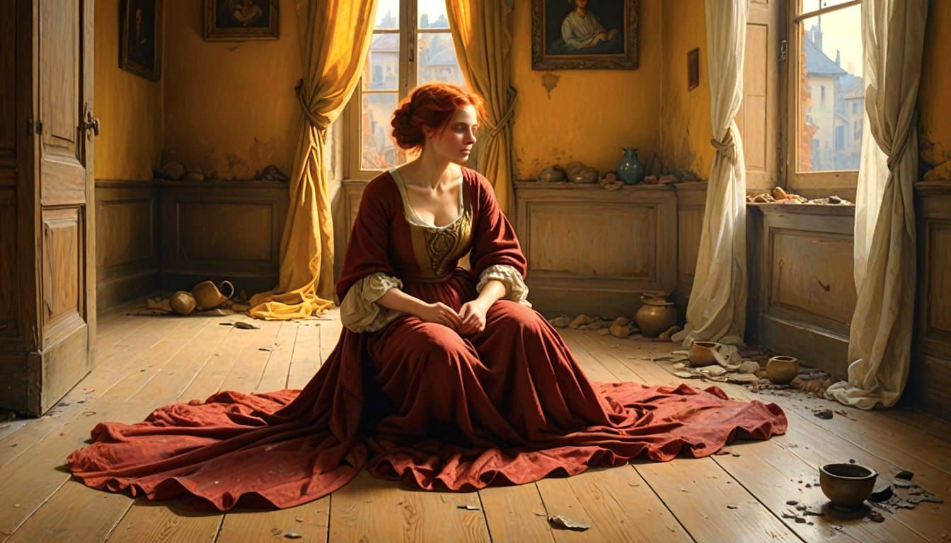 Woman in Faded Yellow Room with Worn Wooden Floor