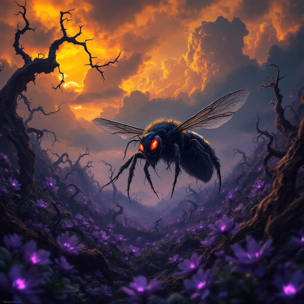 Sinister Bee in Dark Fantasy Landscape
