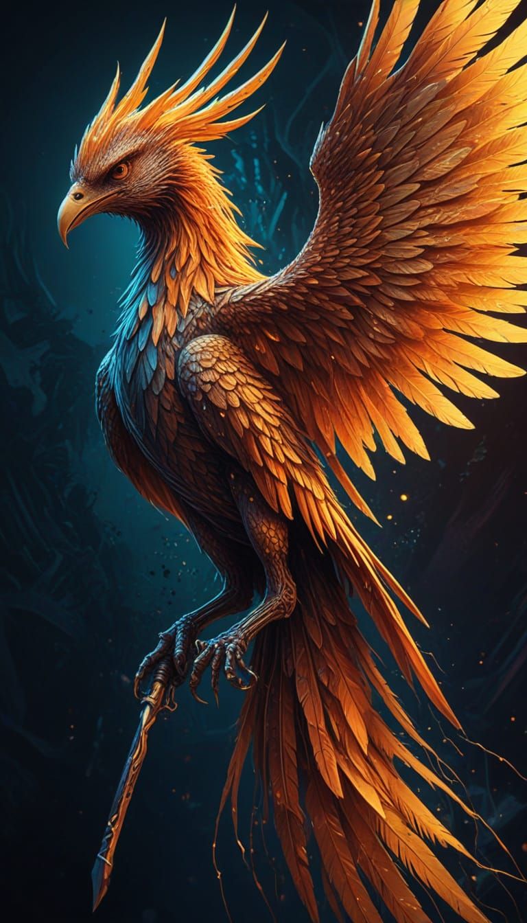 Phoenix With Broken Spear in Cyberpunk Watercolor Tattoo Art