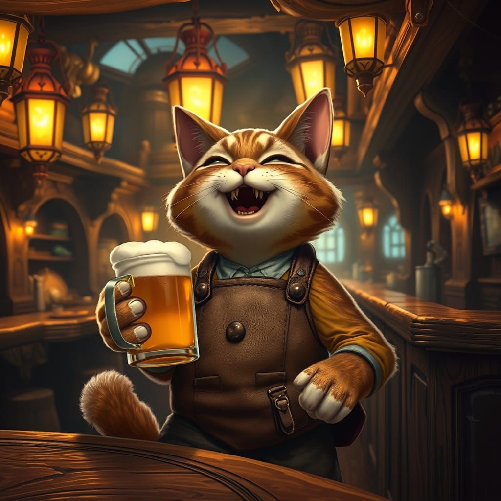Whimsical Cat Enjoys Beer in a Fantasy Pub