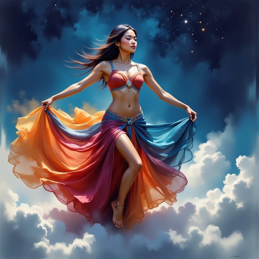 Surreal Belly Dancer in Motion on Cloudy Night Sky