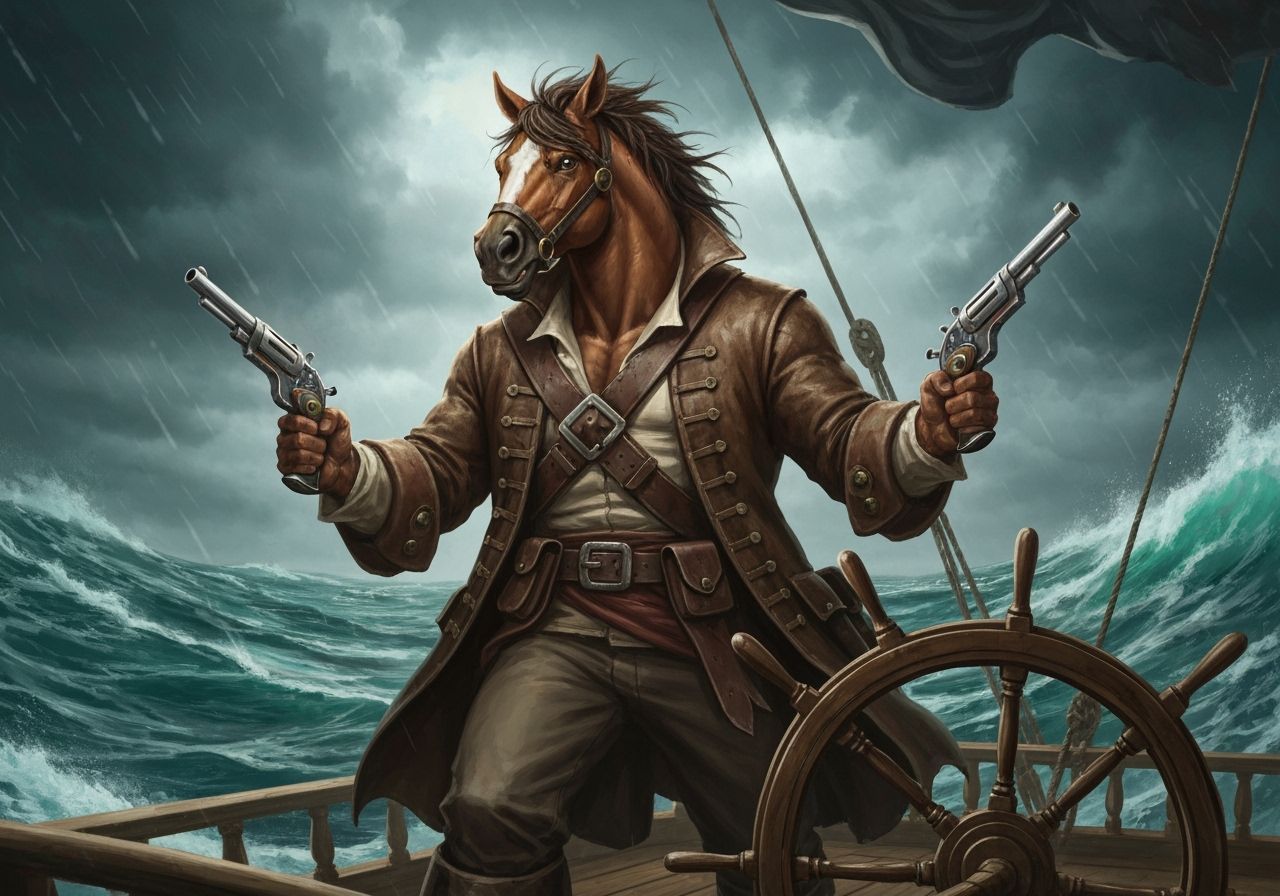 Humanoid Horse Pirate Captain Navigating Stormy Seas