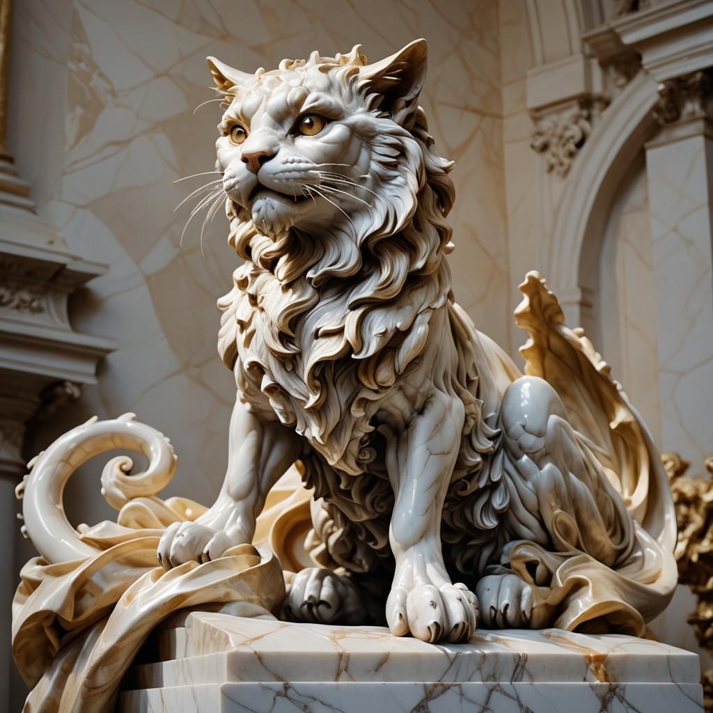 Baroque Marble Cat Dragon Sculpture
