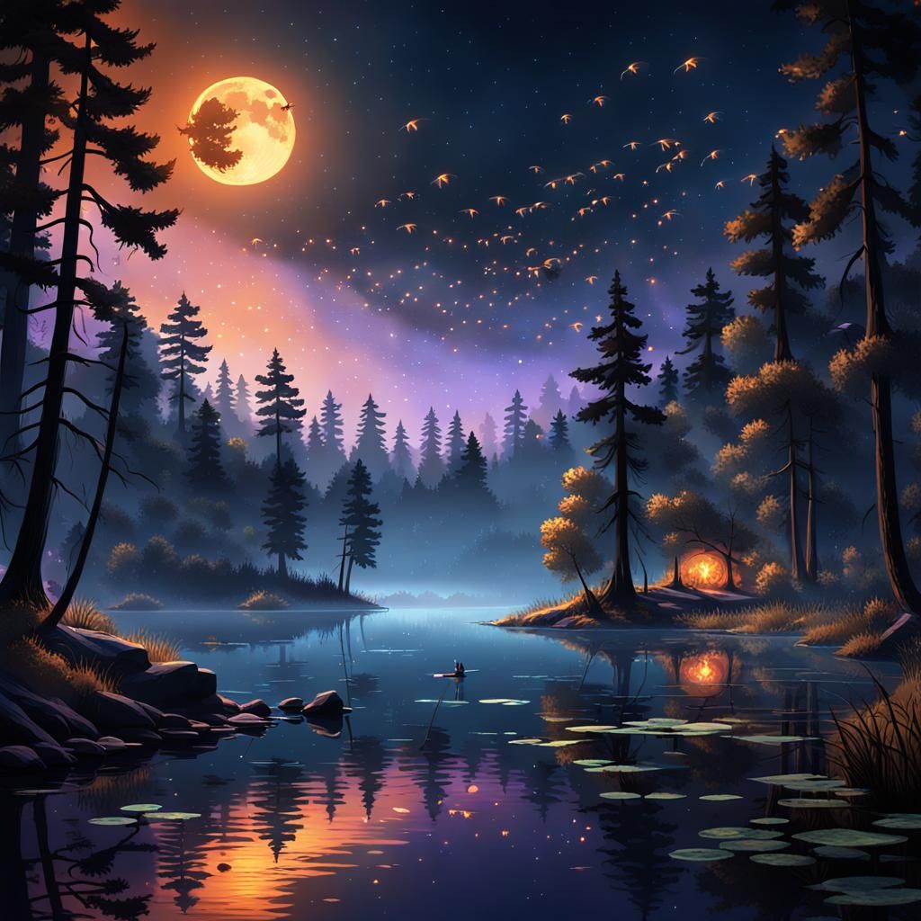 Fireflies Dance on Forest Lake: Digital Concept Art