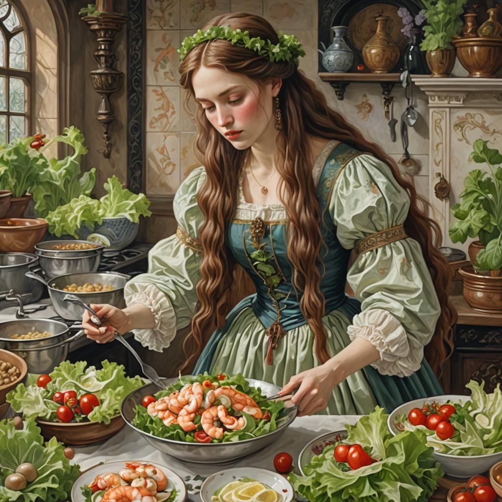 Pre-Raphaelite Girl Prepares Shrimp Salad