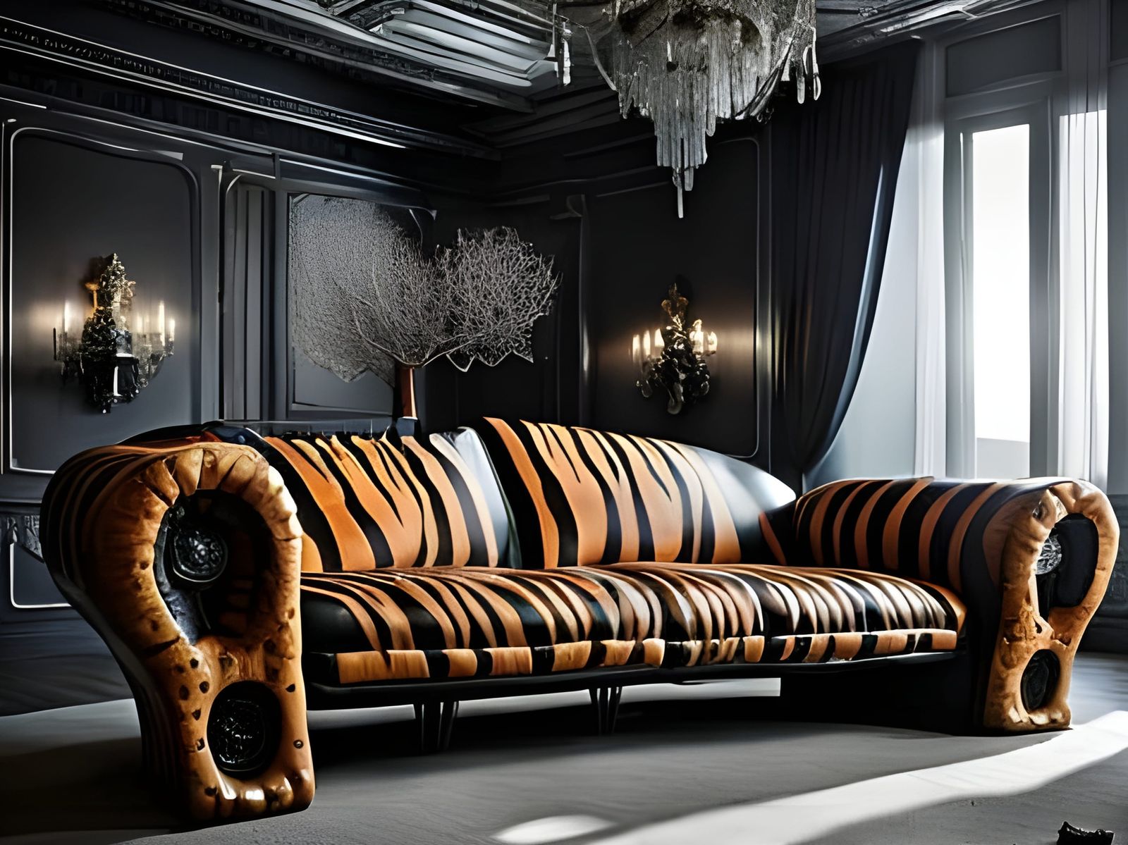 Dark Modern Living Room with Tiger Skin Patterned Sofa