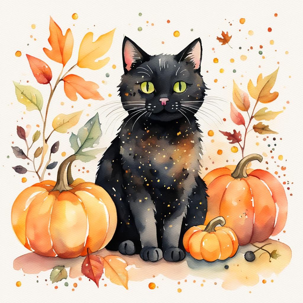Watercolor Cat and Pumpkin Autumn Illustration