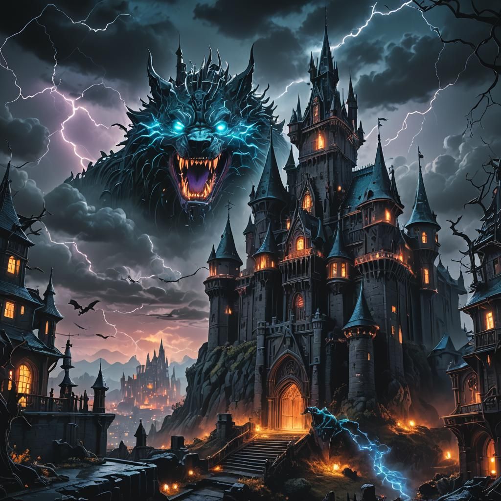 Cyberpunk Castle on Halloween Night with Glowing Graves