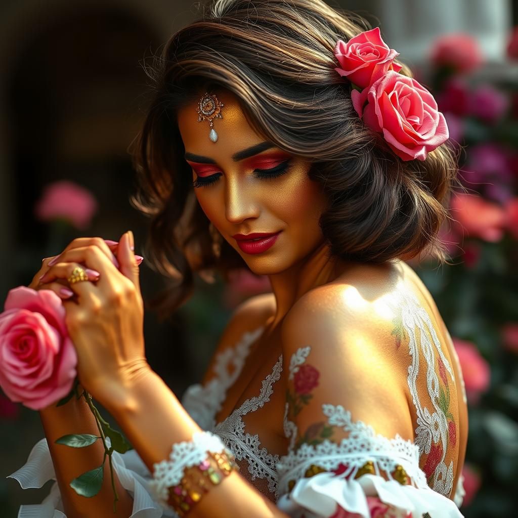 Golden Woman Dancing in Rose Garden