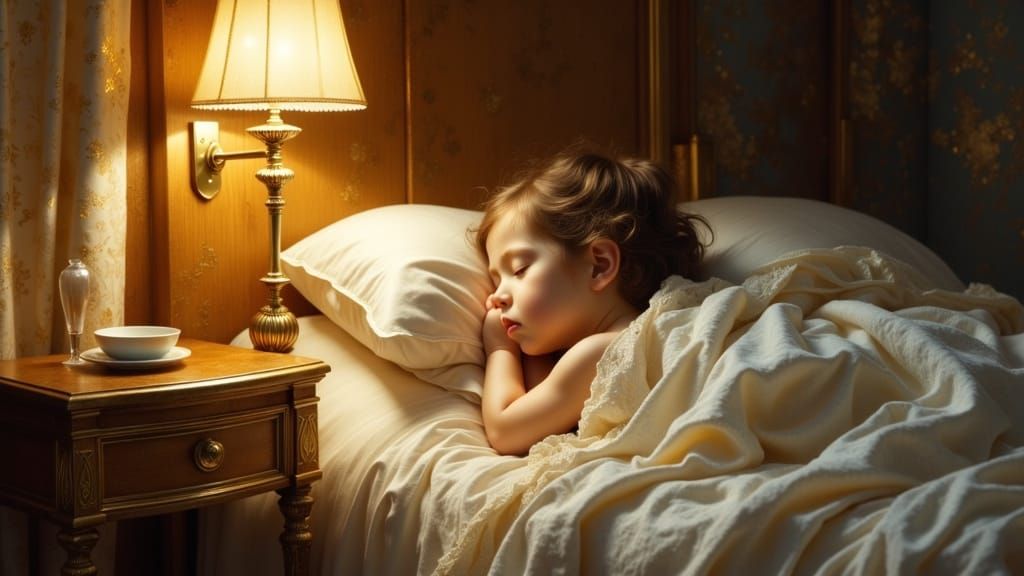 Child Sleeping Peacefully in Warm Lamp Glow