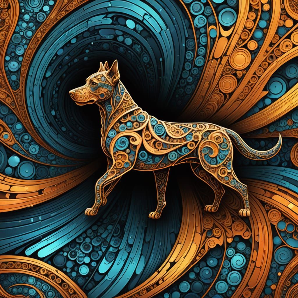 Gilded Dog Speeding Through Light in Tribal Style
