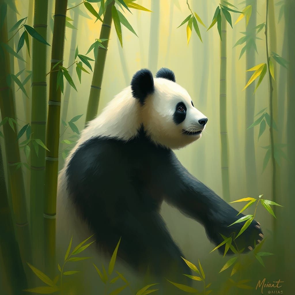 Panda Bear in Misty Forest: Impressionist Painting