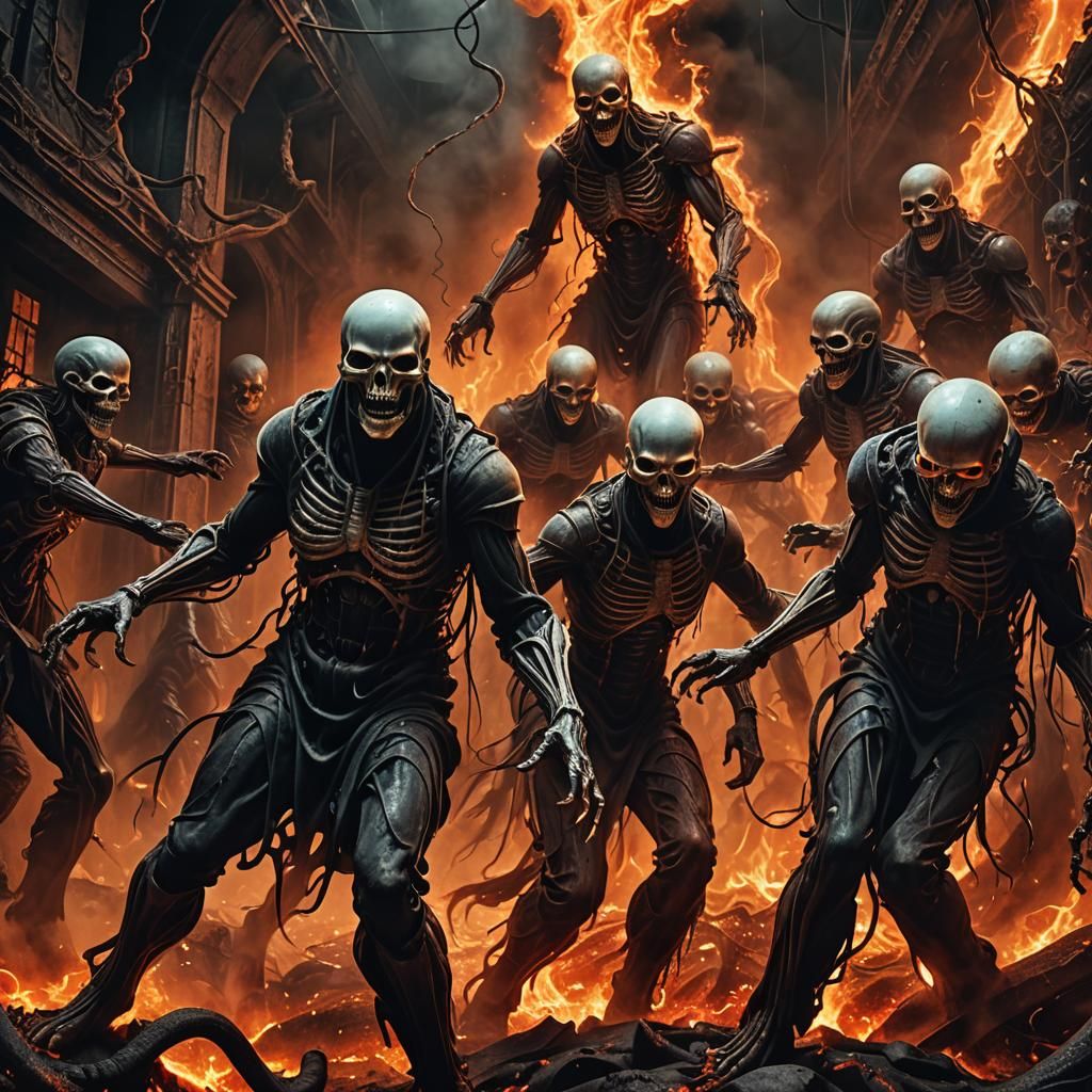 Surreal Ghosts Dragging Figure into Fiery Abyss