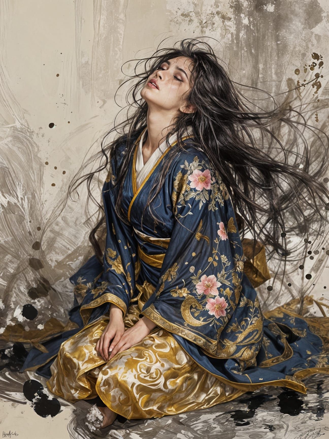 Distressed Geisha Portrait in Dramatic Painterly Style