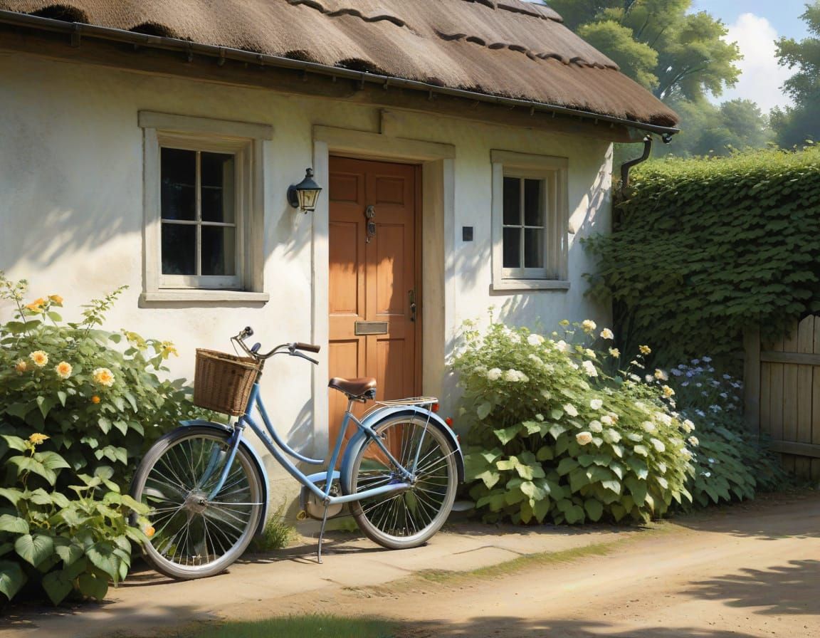 Watercolor Vintage Bicycle at Cottage Wall