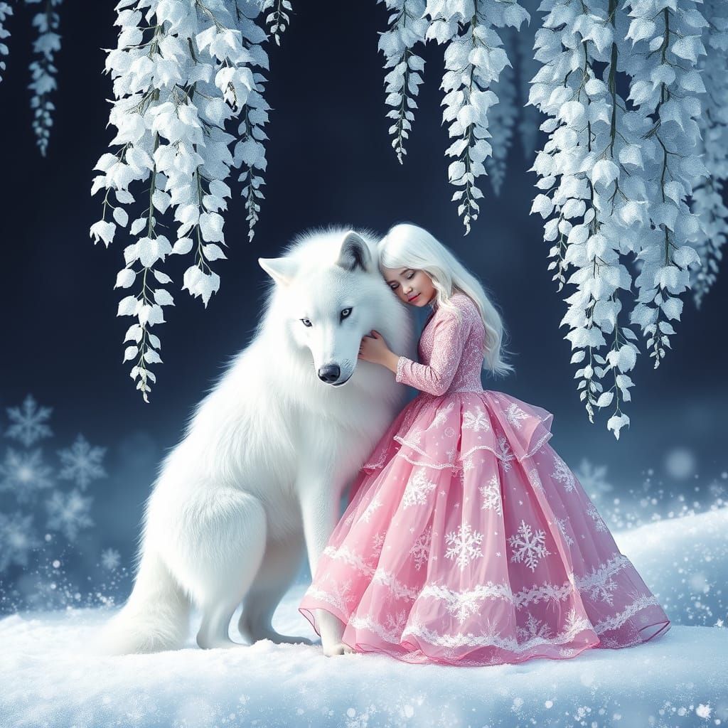 white on white Wisteria, full-length, snow-white snowflake, snow-white leaves, frost, a gentle albino girl in a  vibrant...