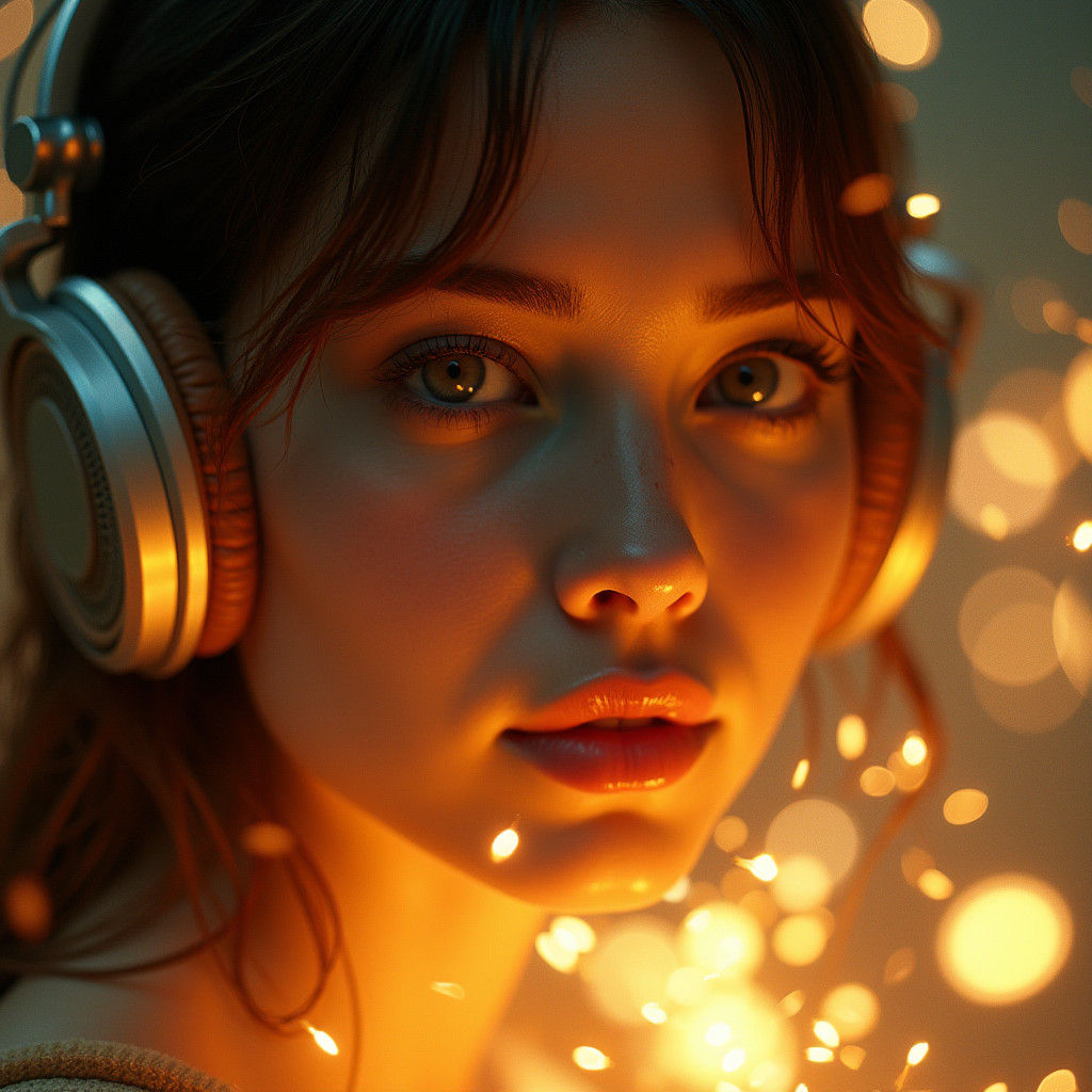 Woman with Headphones and Radiant Aura in Film Still