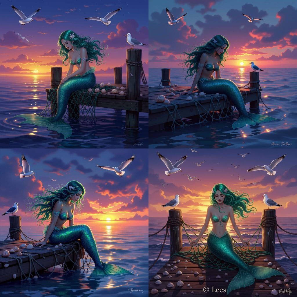 Sorrowful Mermaid Trapped in Net on Twilight Dock