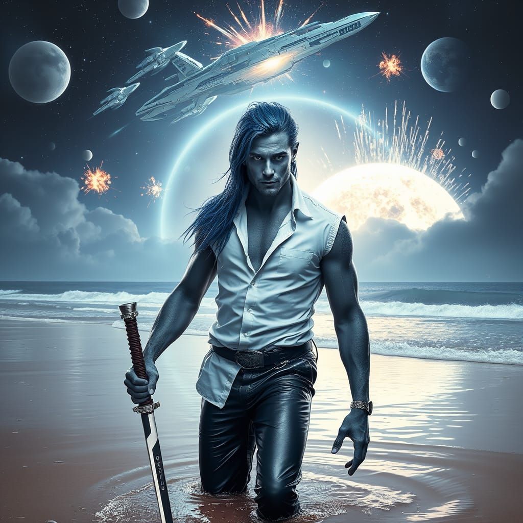 Cyberpunk Alien Emerges from the Waves, Sword in Hand