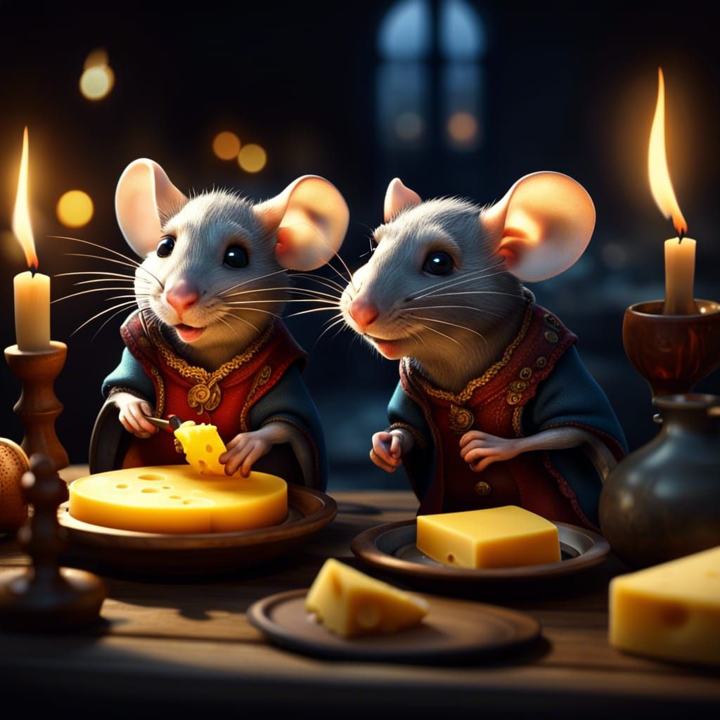 Mice Enjoy Candlelit Dinner: Detailed Matte Painting