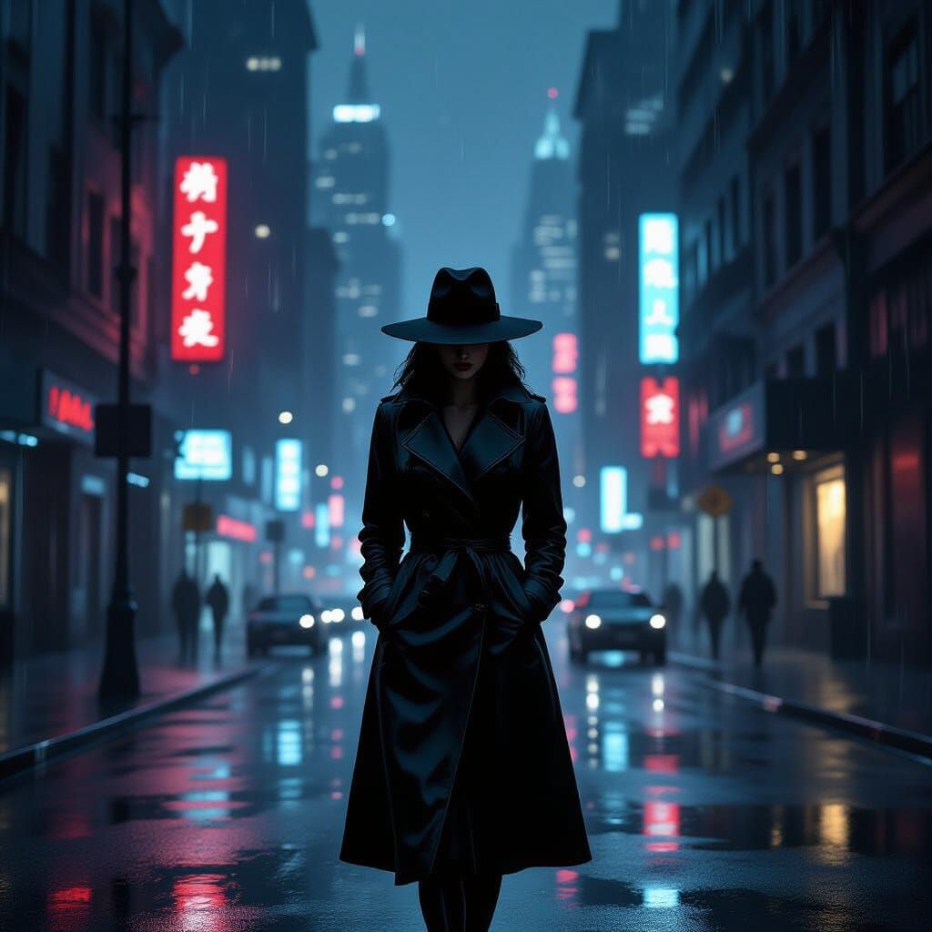 Film Noir Woman in Neon Cityscape
