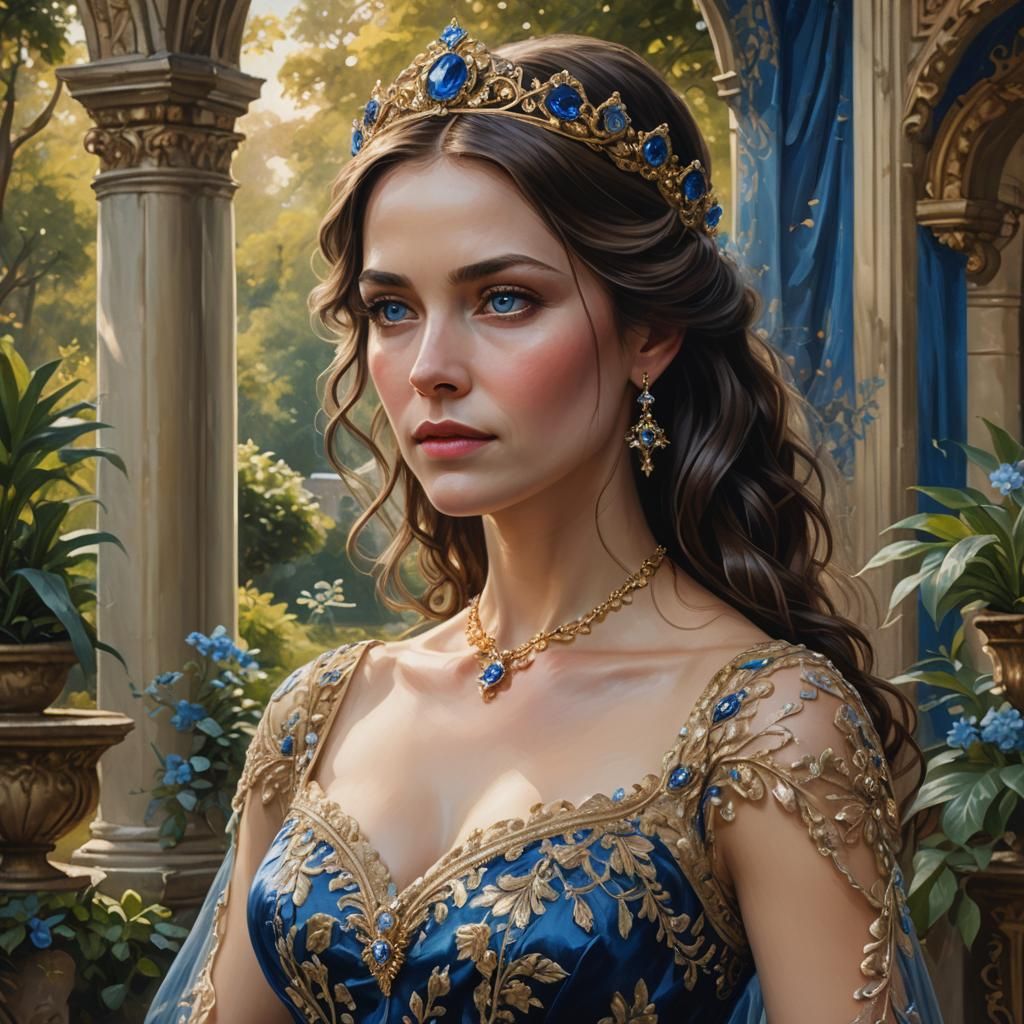 Woman in Palace Garden, Oil on Canvas Portrait