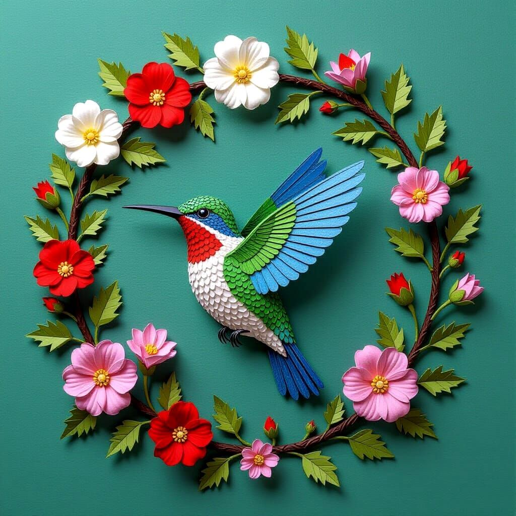 Blooming Branch with Bird and Lantern in Quilling Style