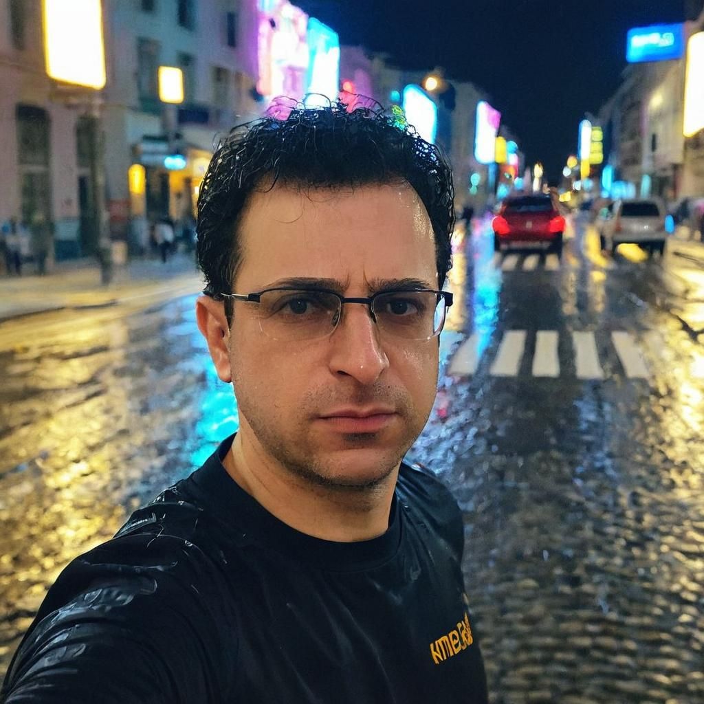 Neorealist Painting of Runner in Rainy Cityscape