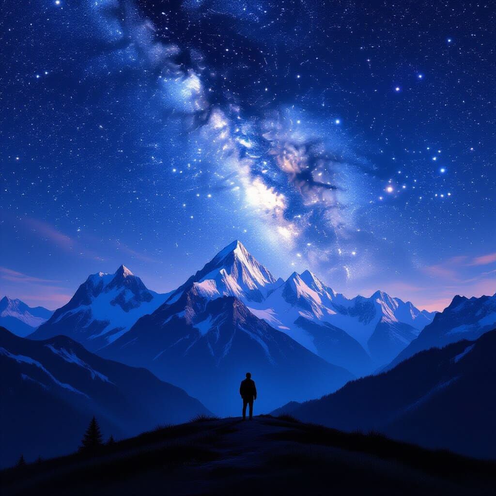 Lone Figure Gazes at Starry Mountains