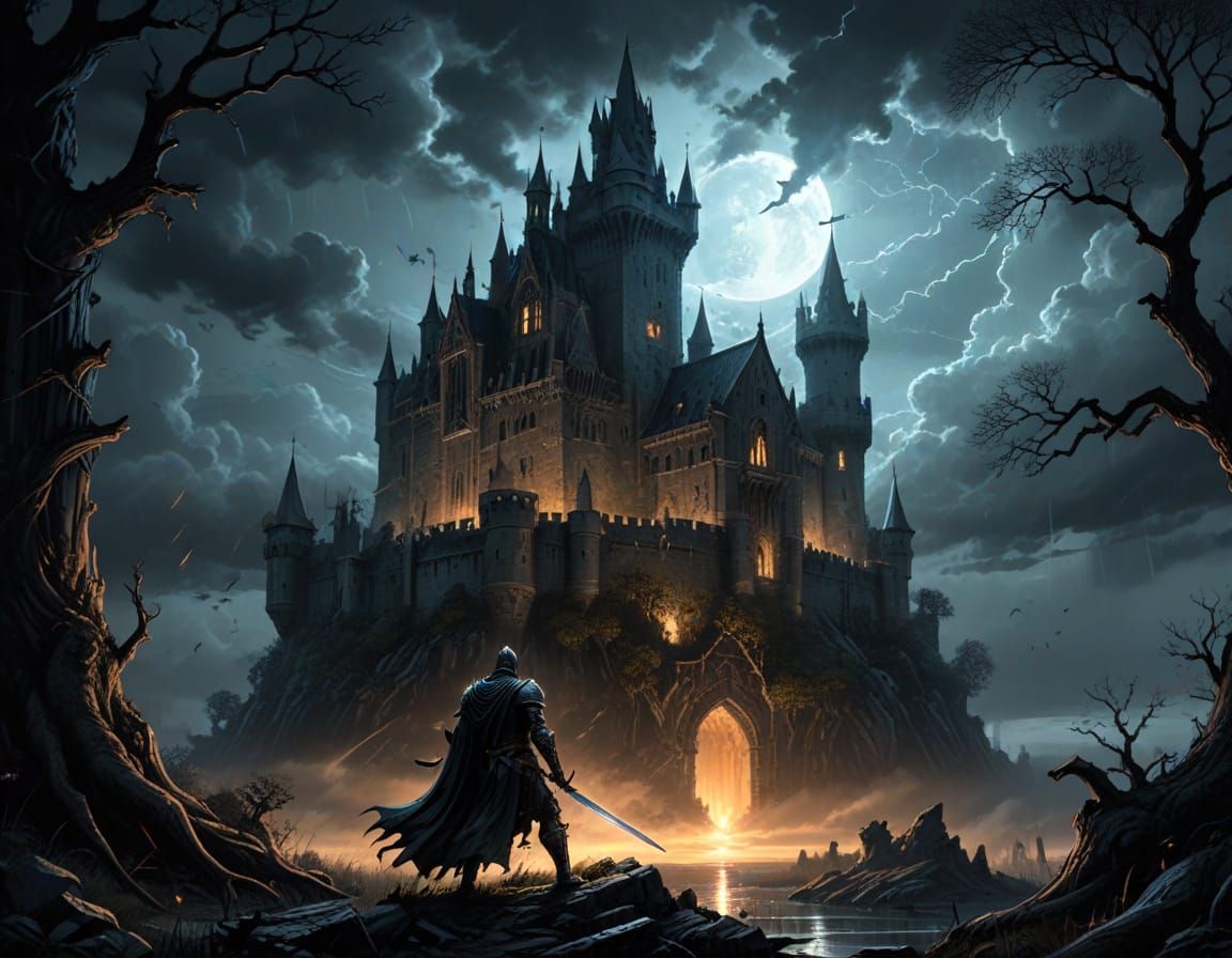 Knight Confronts Gothic Fortress in Dark Fantasy Comic Style