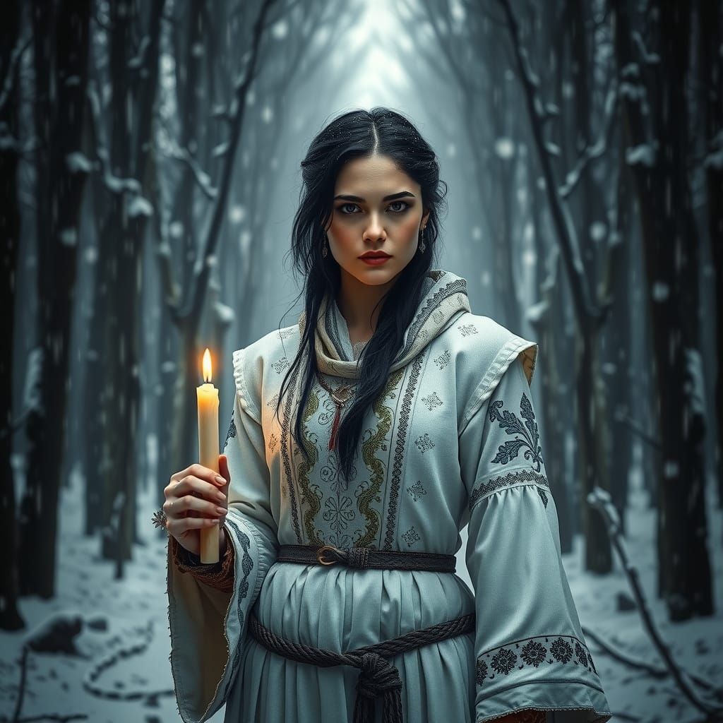 Woman Warrior in Snowy Forest: Hyperrealistic Art