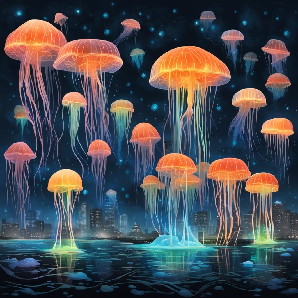 A crystal city floating amongst bioluminescent jellyfish.