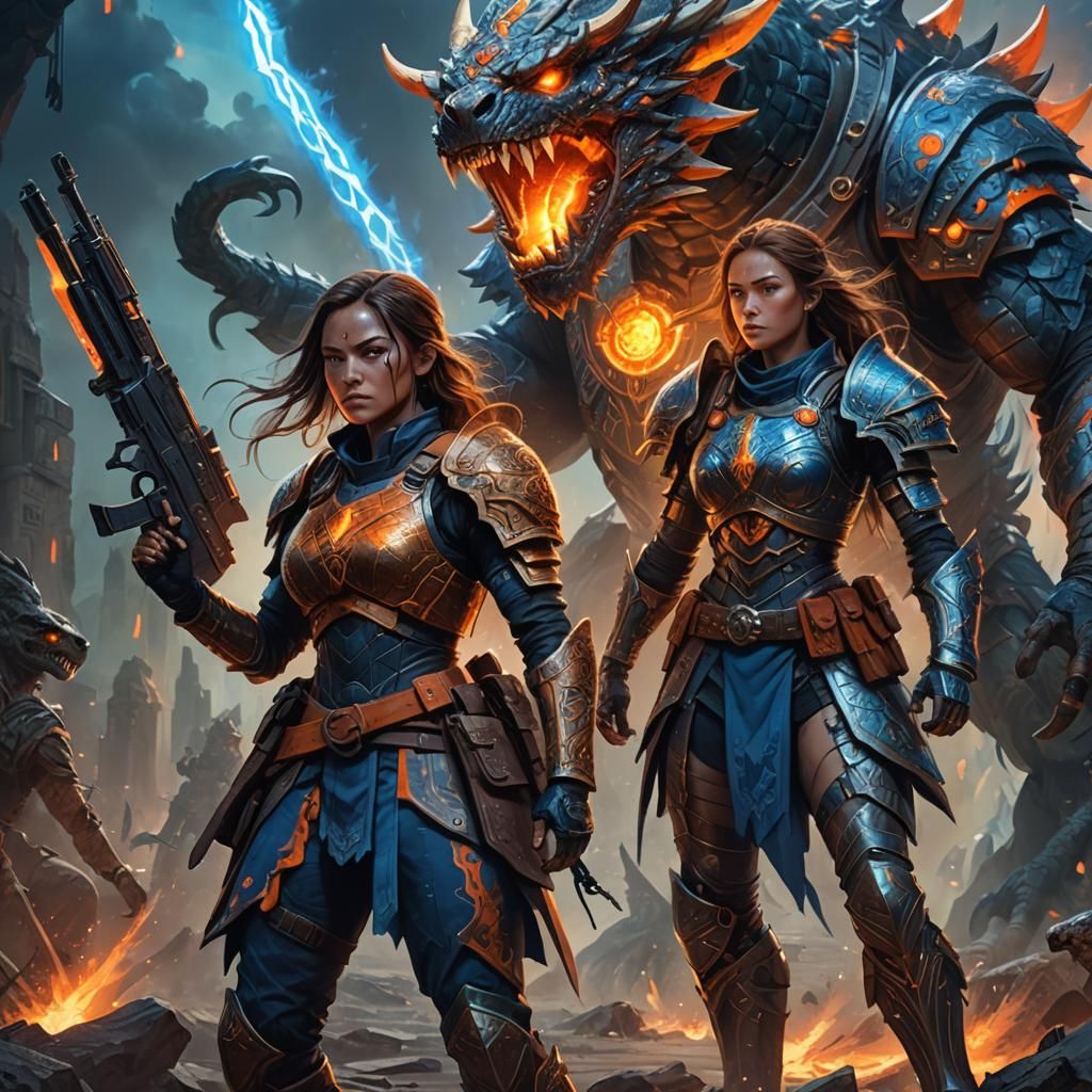 Fantasy Warriors Fight Monster in Ominous Landscape