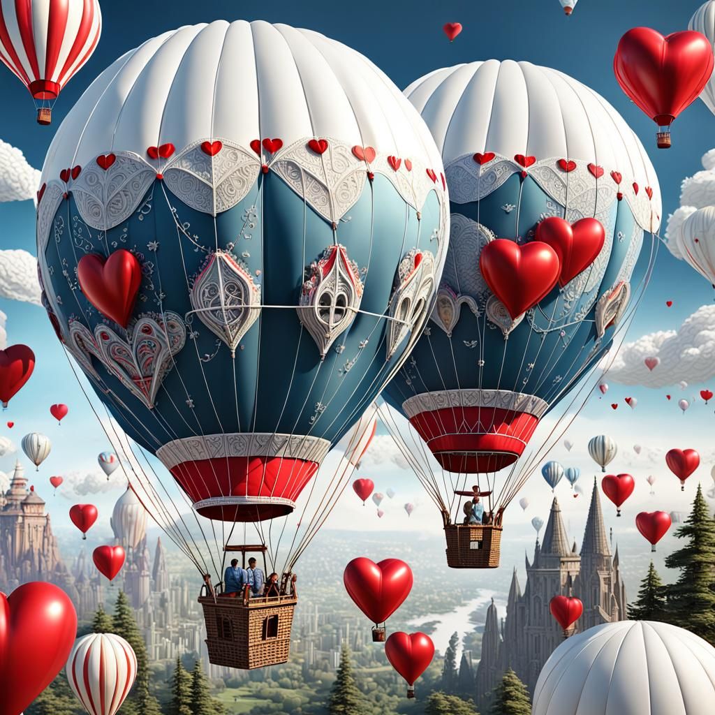 Hot air balloons with red hearts