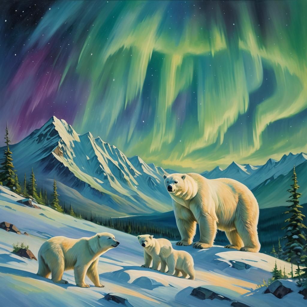 Polar Bears Under Northern Lights: Impressionist Landscape