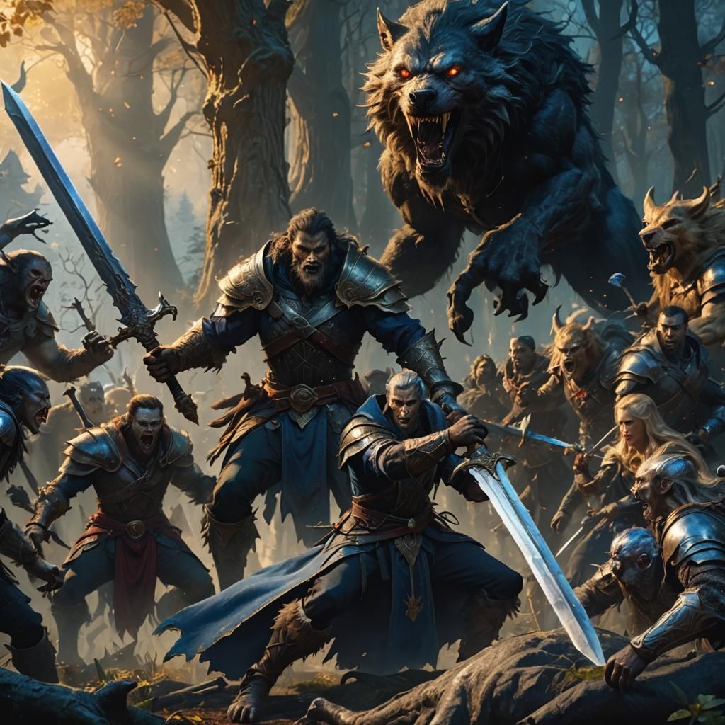 Werewolf Warrior Battling Vampires in Mystical Forest