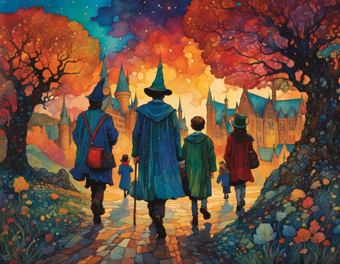 Wizard Children Return to Hogwarts: Whimsical Illustration