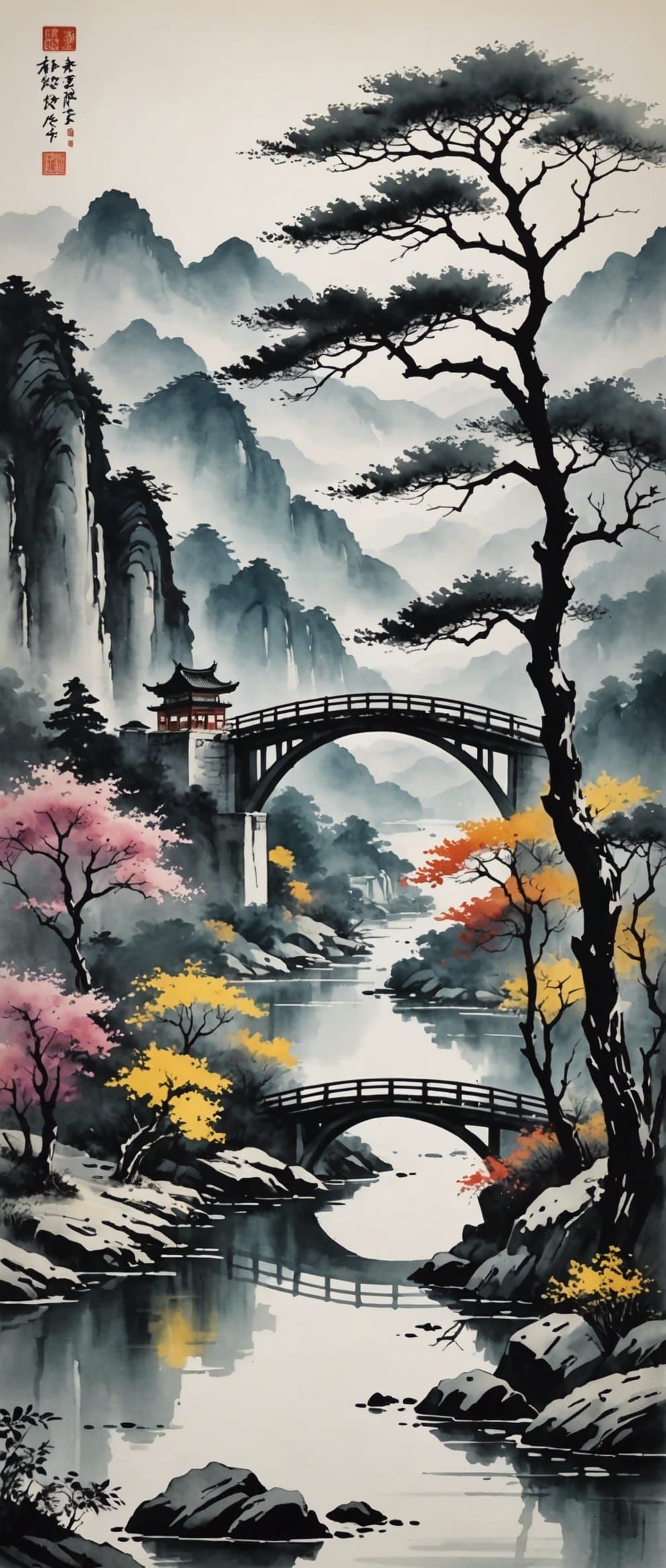 Chinese Ink Landscape Painting with Bridge