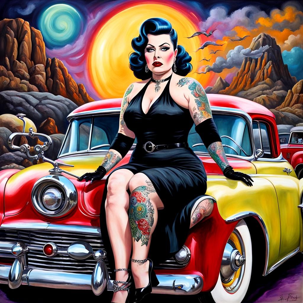 Curvy Goth Pin-Up at Rockabilly Car Show
