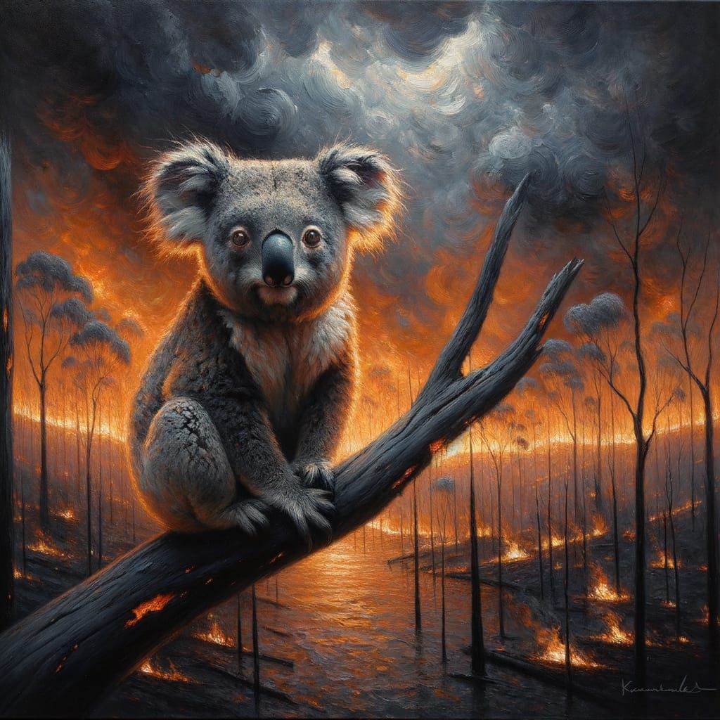 Koala Amidst Bushfires in a Haunting Oil Painting