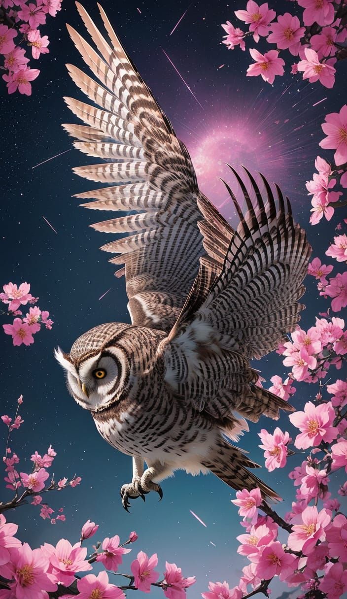 Floral Owl Soaring in Flight, Detailed Art
