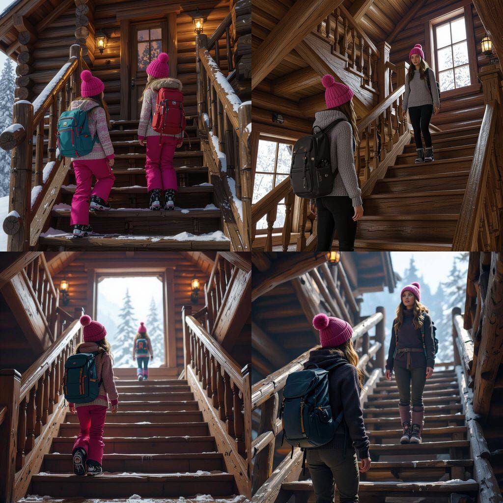 Girl Encounters Twin in Log Cabin Stairwell