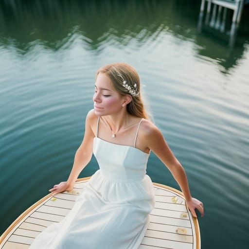 Woman on Yacht at Sunset in Romantic Realism
