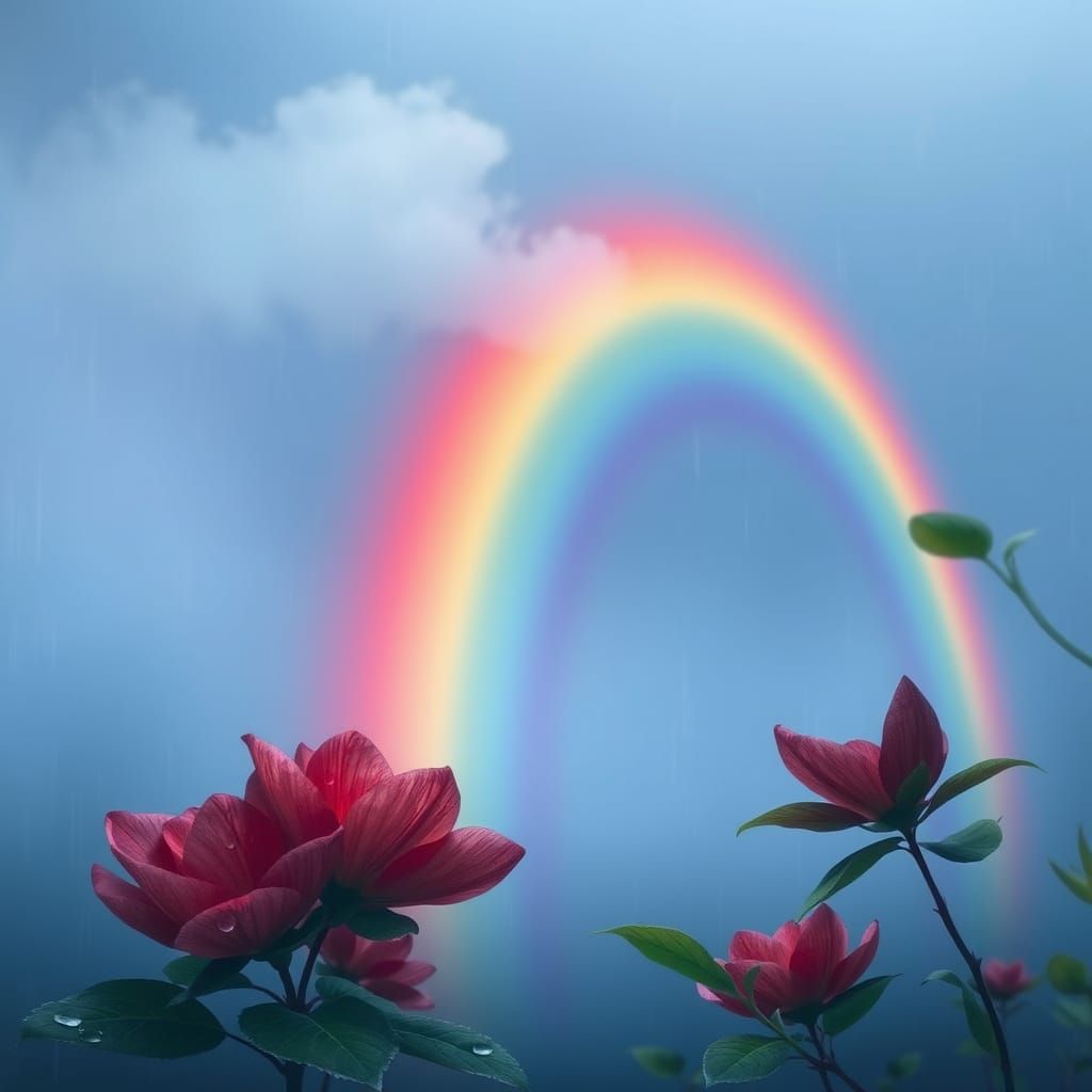 Ethereal Rainbow Arcs Across Dreamy Misty Skies
