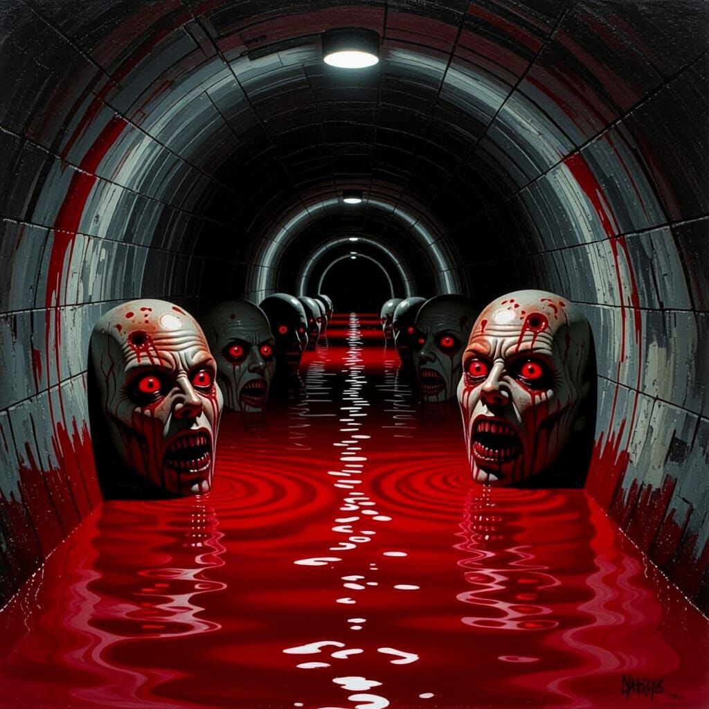 Horror Tunnel with Faces Emerging from Bloody Water