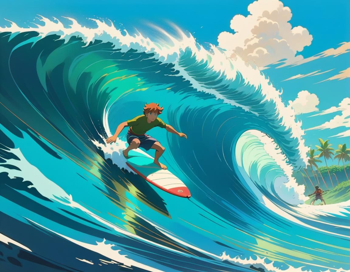 Surfer Rides Wave in Bali, Ghibli Style